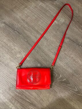 Tory Burch Red Patent Leather Crossbody with Perforated Logo